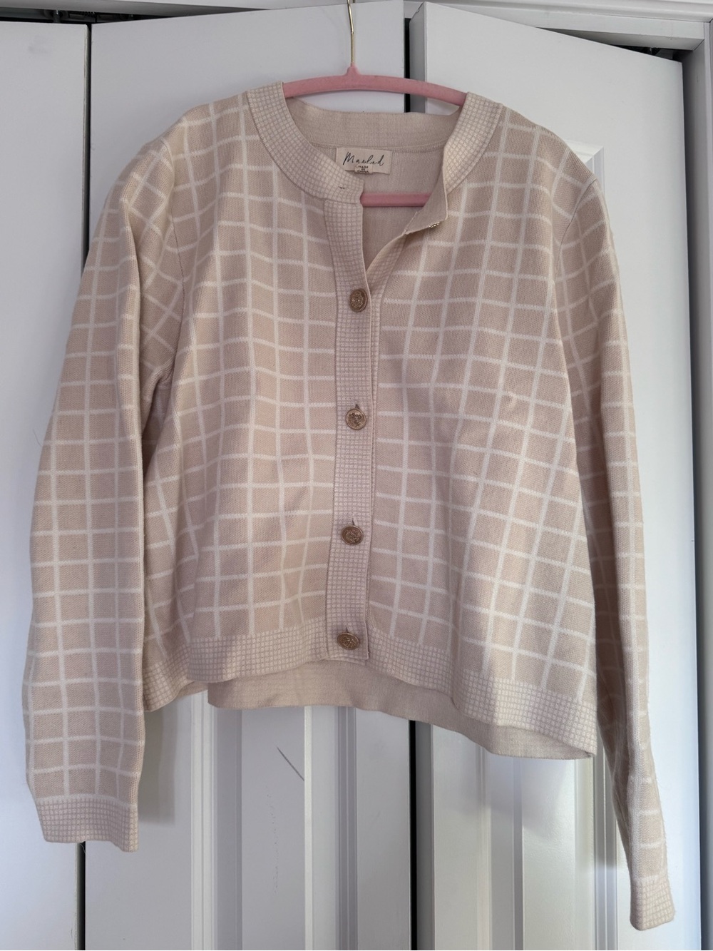Marled Cream Windowpane Button-Front Cardigan